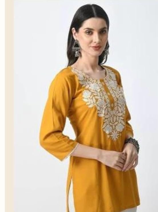 Women Straight Kurta, Viscose Rayon, Chikankari Embroidered, 3/4 Sleeve, Floral, Short Kurti - Image 3
