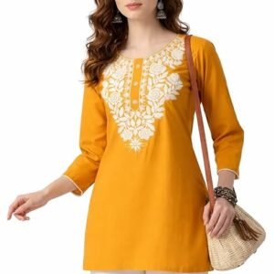 Women Straight Kurta, Viscose Rayon, Chikankari Embroidered, 3/4 Sleeve, Floral, Short Kurti