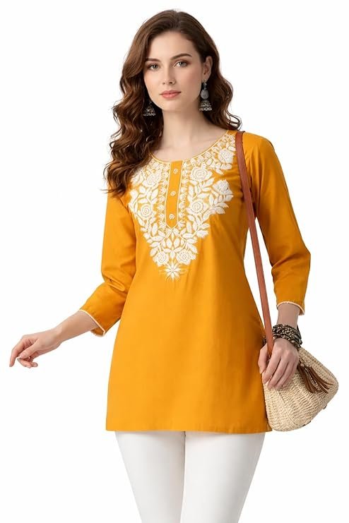 Women Straight Kurta, Viscose Rayon, Chikankari Embroidered, 3/4 Sleeve, Floral, Short Kurti