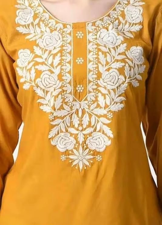 Women Straight Kurta, Viscose Rayon, Chikankari Embroidered, 3/4 Sleeve, Floral, Short Kurti - Image 4