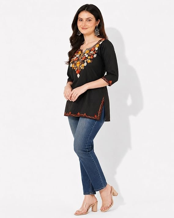 Women's Gulnar Pure Cotton Kashmiri Embroidered A-line 3/4 Cuff Sleeves Kurti | Short Kurta - Image 2