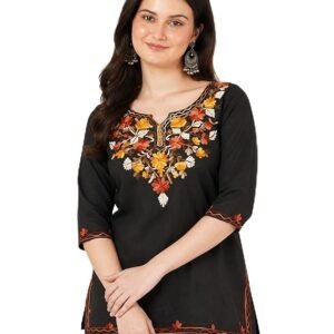 Women's Gulnar Pure Cotton Kashmiri Embroidered A-line 3/4 Cuff Sleeves Kurti | Short Kurta
