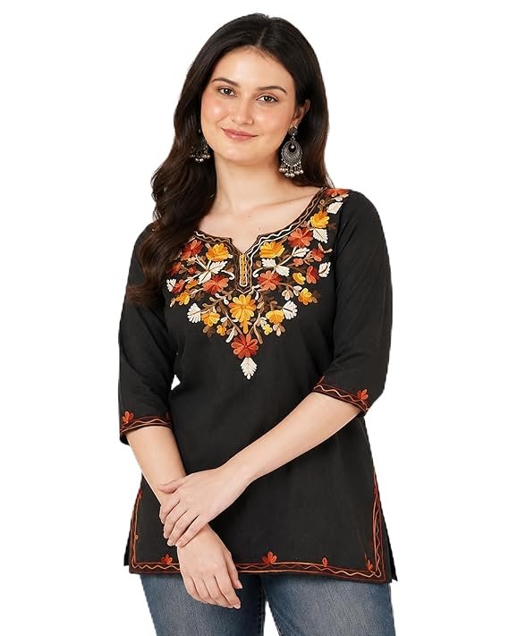 Women's Gulnar Pure Cotton Kashmiri Embroidered A-line 3/4 Cuff Sleeves Kurti | Short Kurta