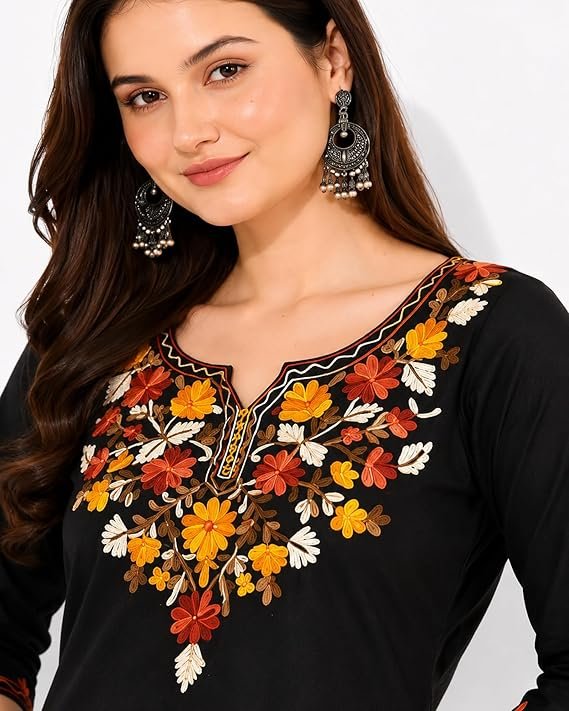 Women's Gulnar Pure Cotton Kashmiri Embroidered A-line 3/4 Cuff Sleeves Kurti | Short Kurta - Image 3